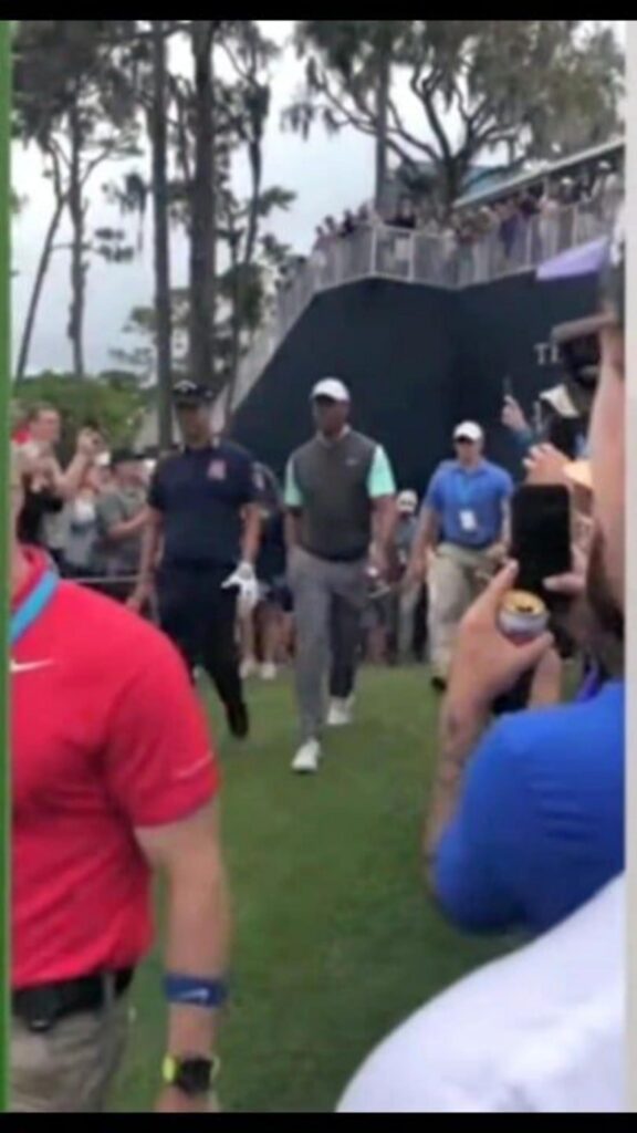 ゴルフ場を歩くプロ選手と撮影する観客