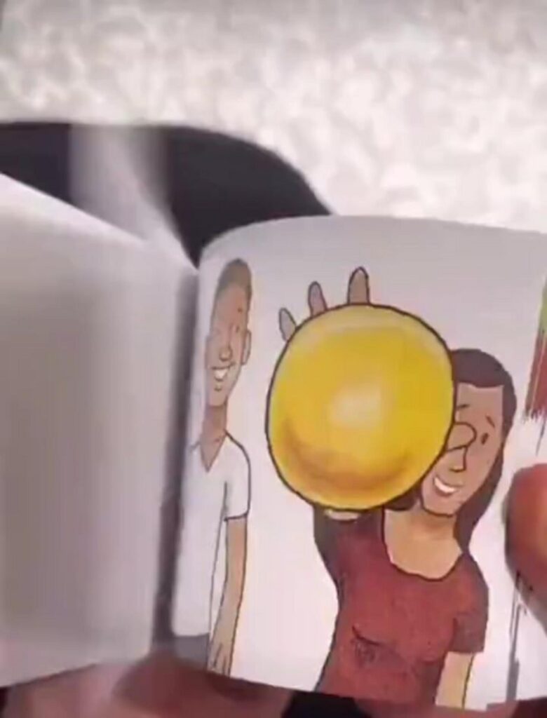 パラパラ漫画の中の男女と黄色い物体