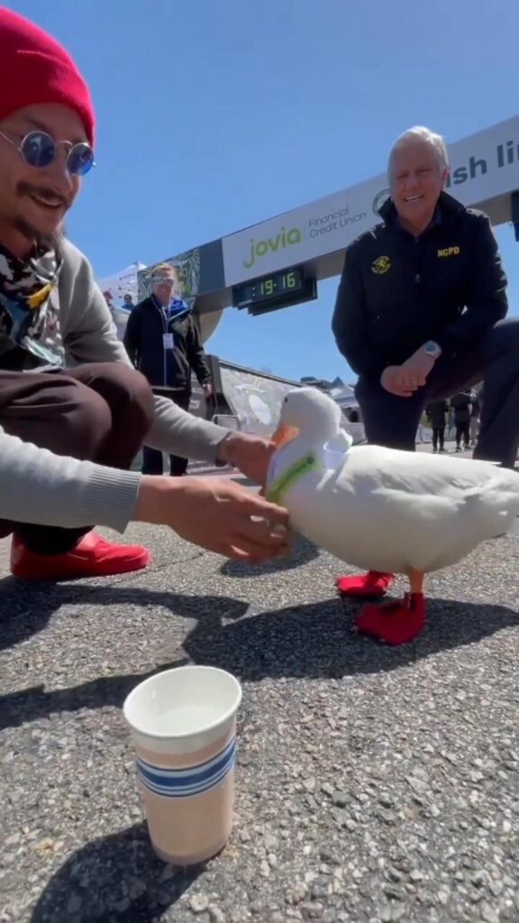 赤い靴を履いたアヒルを撫でる男性