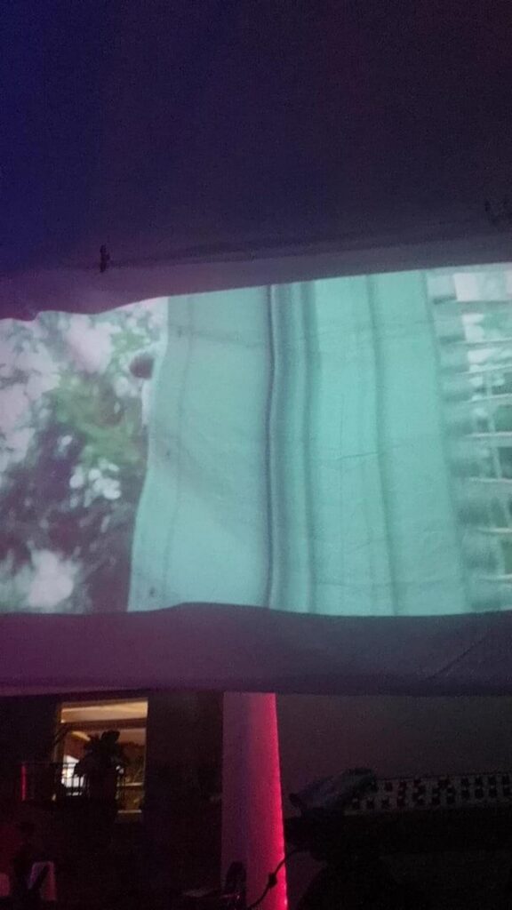 屋外でシーツに映像を投影している様子