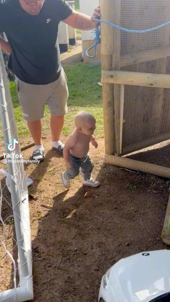 屋外で歩く幼児とそれを見守る男性