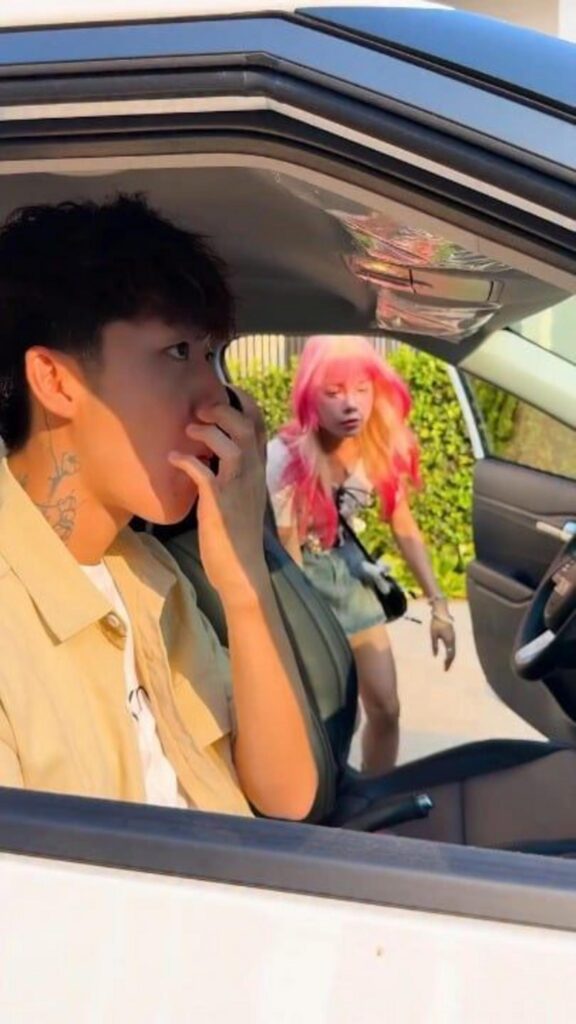 車内の男性と外のピンク髪の女性