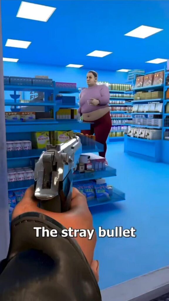 店内で銃を構えて人を狙う一人称視点
