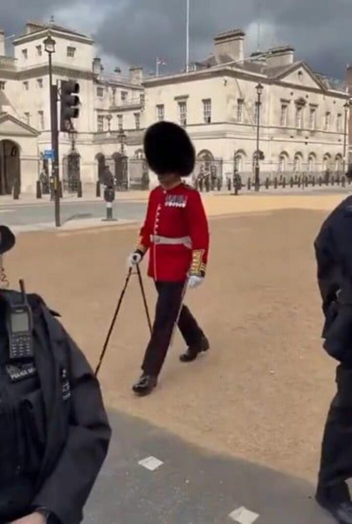 白杖を持って歩くイギリスの近衛兵